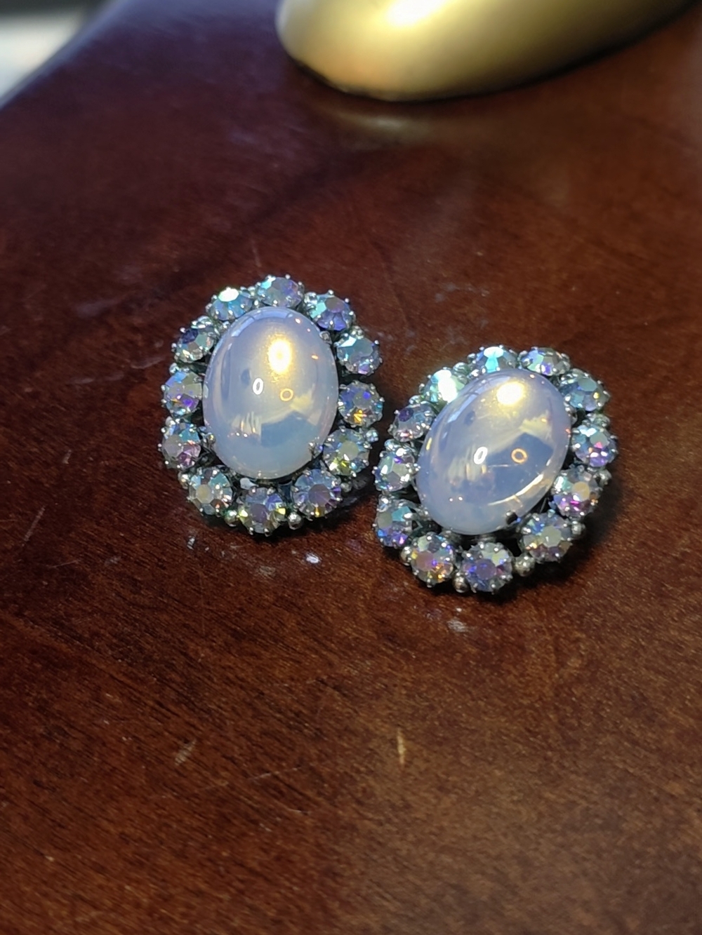 Vintage West German Moonstone & AB Rhinestone Clip-On Earrings